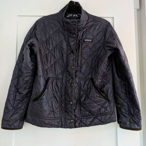 Patagonia Women's Navy Quilted Jacket With Brown Courodroy Trim